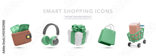 Wallet With Money, Headphones, Gift Box, Shopping Bag, And Trolley With Package In Clean 3D Style. Perfect For Ecommerce, Retail, Digital Shopping And Delivery Concepts. Vector Illustration.
