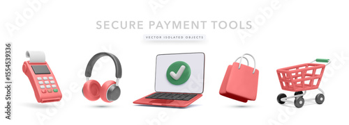 POS Terminal, Headphones, Laptop with Checkmark, Shopping Bag, and Cart in Minimal 3D Style. Ideal for Secure Payments, Online Shopping Interfaces, and E-commerce Tools. Vector Illustration.