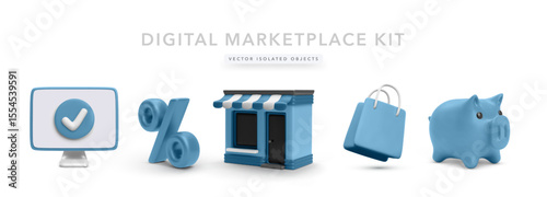 Computer with Checkmark, Percent Symbol, Storefront, Shopping Bag, and Piggy Bank in Smooth 3D Style. Perfect for Digital Marketplaces, Online Shopping, and Finance UI.
