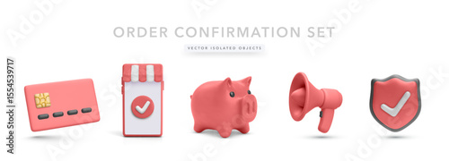Credit Card, Storefront, Piggy Bank, Megaphone, and Shield with Checkmark in 3D Style. Great for Payment, Security, and Order Confirmation Design Projects. Vector Illustration.