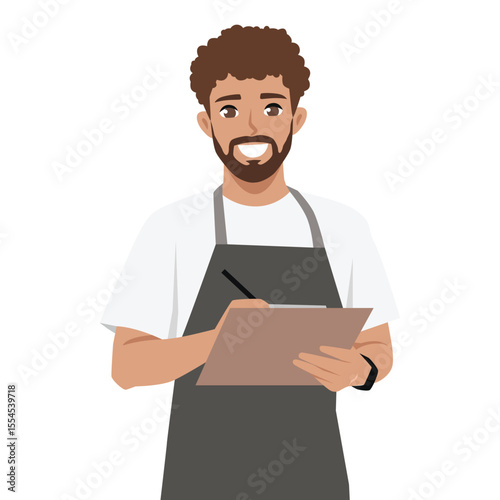 Friendly Service Man Worker with Clipboard. Flat Vector character illustration