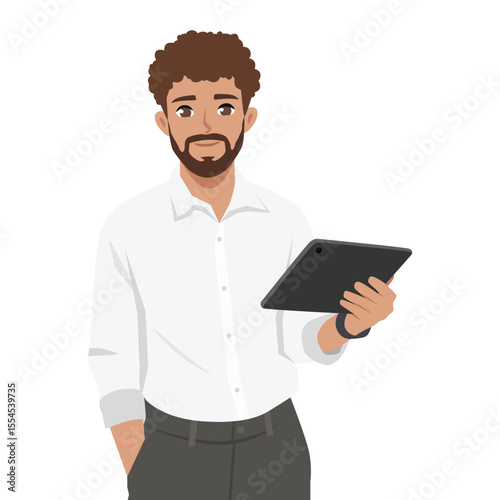 MYoung man dressed in a white shirt and dark pants holds a tablet, portraying a modern. Flat Vector character illustration