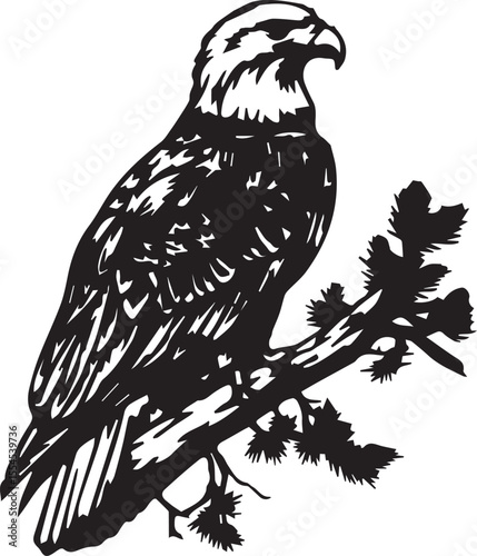 This image depicts a majestic **Eagle** perched regally on a tree branch, rendered in a striking black-and-white style. The intricate detailing of its feathers is evident, conveying a sense of texture