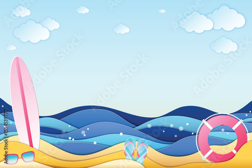 Vector EPS minimalist background illustration in paper craft style featuring sea, beach, surfboard, life ring, flip flops, sunglasses and clouds with free space in the middle, 3D, layered, eazy
