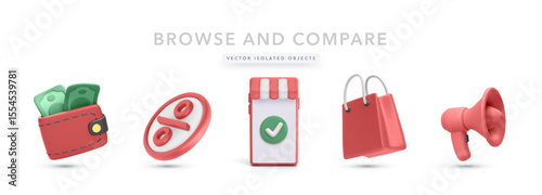 Wallet With Money, Discount Symbol, Storefront, Shopping Bags, and Megaphone in Minimal 3D Style. Perfect for E-commerce, Promotions, and Retail Concepts. Vector Illustration.