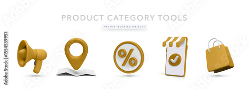 Megaphone, map marker, percent icon, mobile shop screen, and shopping bag. Vector illustration for product category tools, marketing, discounts, navigation, and mobile commerce interface.