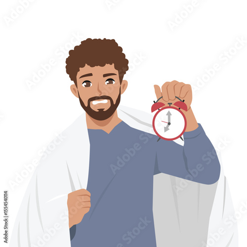 Man in a blue shirt and wrapped in a blanket looks alarmed while holding a ringing clock. Flat Vector character illustration