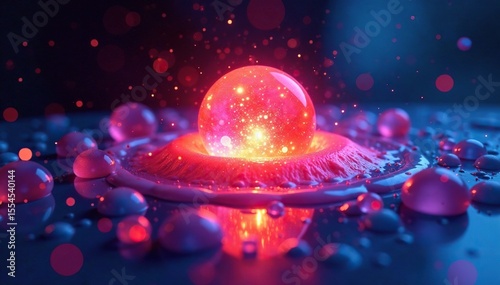 Paint droplets orbiting around a glowing, multicolored light source, liquid, radiant, futuristic
