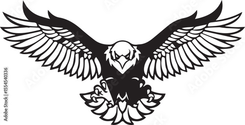 This image features a powerful Eagle in mid-flight, rendered in a bold, black-and-white style. Its massive wings are fully extended, showcasing detailed feather patterns and a sense of immense power. 