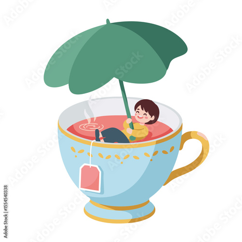 Miniature Human Inside Teacup with Leaf Umbrella, Flat Icon