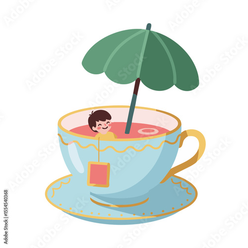 Miniature Human Inside Teacup with Leaf Umbrella, Flat Icon