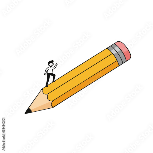Tiny Person Standing on Giant Pencil Tip, Flat Vector Icon