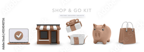 Laptop With Checkmark, Shop Building, Open Gift Box, Piggy Bank, and Shopping Bag in Clean 3D Style for Online Purchase, Savings, and Retail Projects. Vector Illustration.