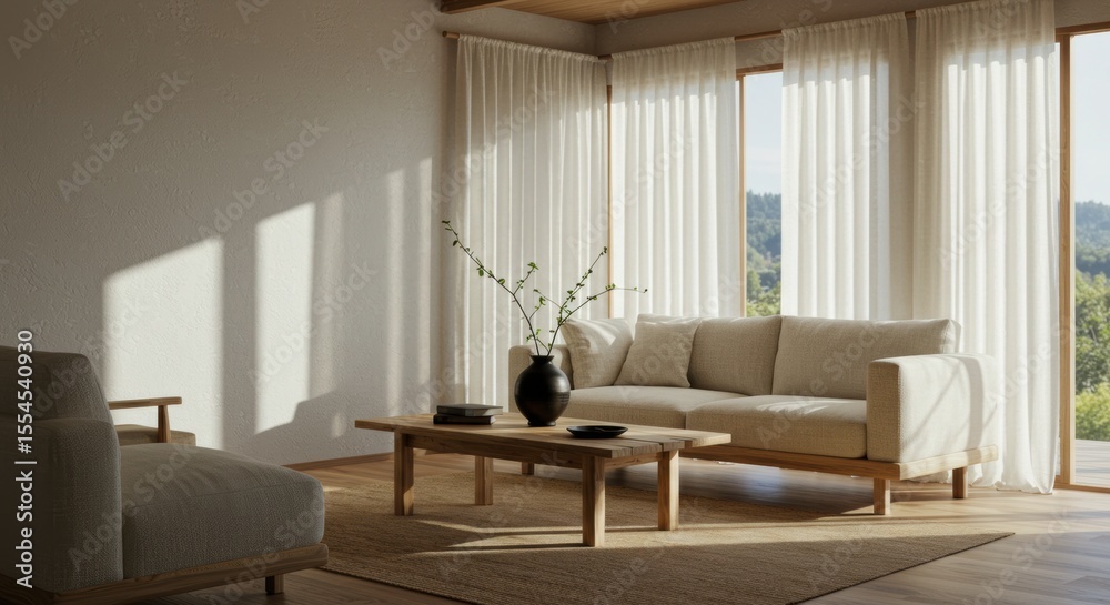 Fototapeta premium Bright and airy Scandinavian living room with natural light, minimalist decor, and comfortable sofa