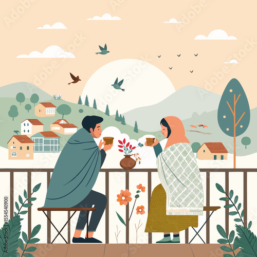 Early morning coffee date on a small village balcony, surrounded by birds, flowers, and a sunrise. The couple wrapped in shawls, enjoying peace and nature
