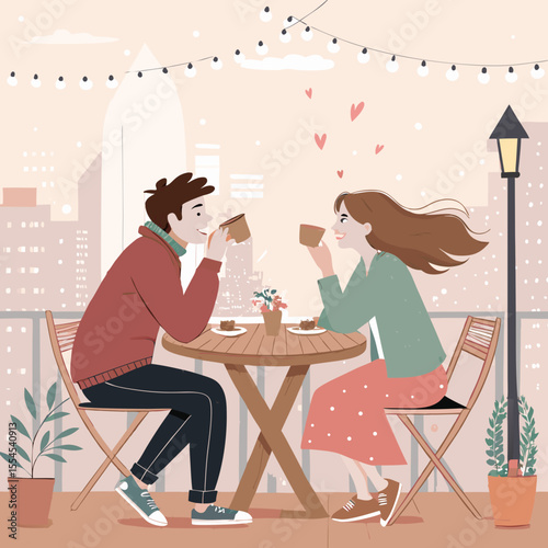 Young couple sitting at a wooden table in a vintage rooftop café, city buildings around, light breeze in their hair, sipping coffee and smiling.