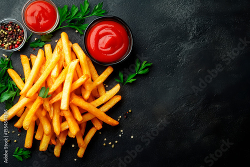 Crispy French fries with ketchup and colorful peppercorns on dark textured background. Fast food concept close-up.