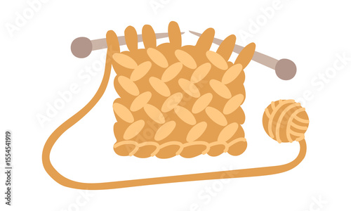 Knitting with straight needles. Beige ball. Cozy atmosphere. Handmade for others. Flat color isolated illustration. For postcards, packaging design, social media posts, theme of care and coziness