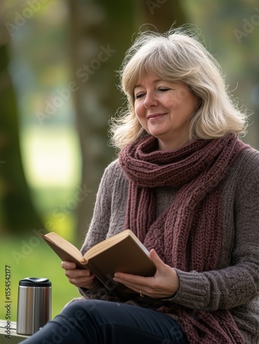 Middle-aged woman reading a book while sitting on a bench surrounded by autumn foliage in the park