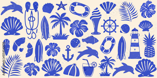 Vibrant blue summer beach icons collage featuring dolphins palm trees surfboards and tropical flowers