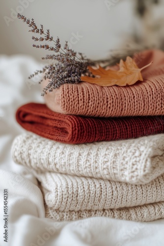 Warm knit sweaters with autumn leaves and lavender on textured fabric
