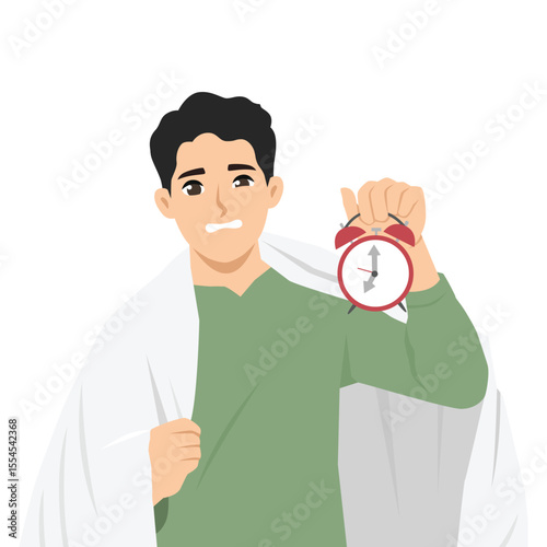 Man in a green shirt and wrapped in a blanket looks alarmed while holding a ringing clock. Flat Vector character illustration