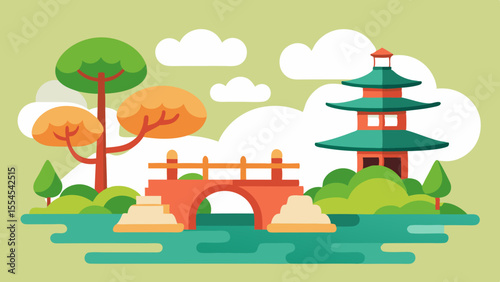 Japanese Garden Nature Vector Illustration