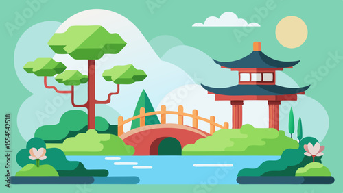 Japanese Garden Nature Vector Illustration