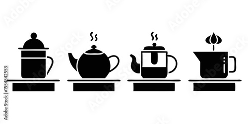 Collection of four black beverage brewing devices and teapots isolated on white background