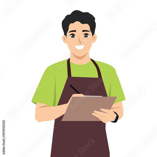 Friendly Service Worker with Clipboard. Flat Vector character illustration