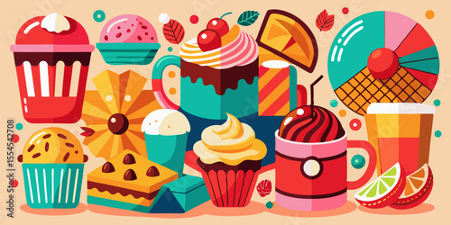 Colorful assortment of sweet desserts and drinks isolated on white background