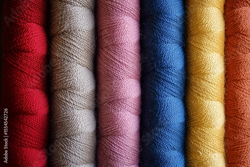 Colorful yarn hanks arranged in a vibrant spectrum on a wooden surface
