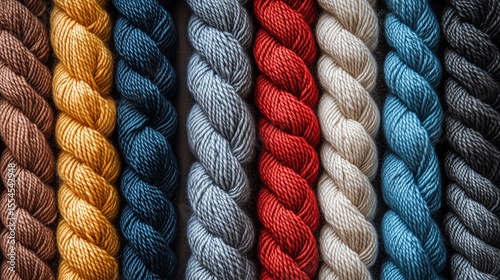 Colorful yarn skeins arranged in a line for crafting and knitting projects