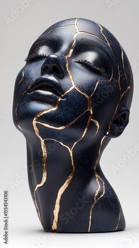 Artistic representation of a cracked face sculpture decorated with gold accents, kintsugi, phone wallpaper