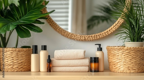 Decorative bathroom setup with towels and natural products in warm tones