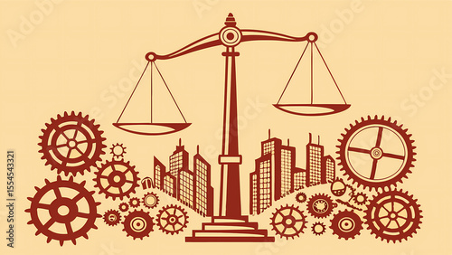 Law and justice scales with city skyline and gears illustration for legal services concept design