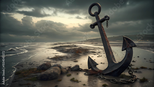 Rusty anchor on beach coastal landscape seascape ocean sea shore nautical maritime travel destination