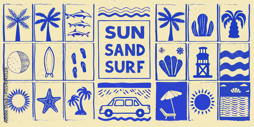 Vibrant blue beach icons and text sun sand surf on a textured yellow background