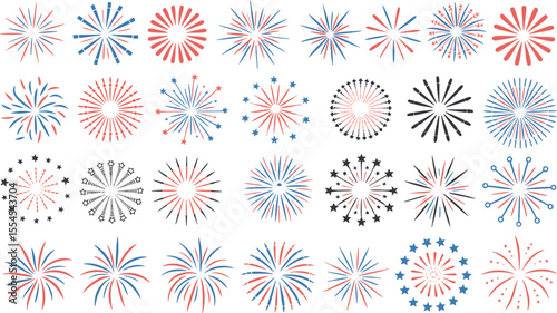 Dynamic Fireworks Display on Black Backdrop, Capturing the Excitement and Energy of Explosive Bursts in a Vibrant and Artistic Illustration for Celebrations