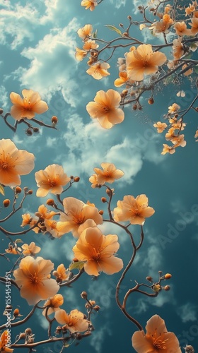 Bright orange blossoms against a blue sky with clouds in a natural setting, phone wallpaper