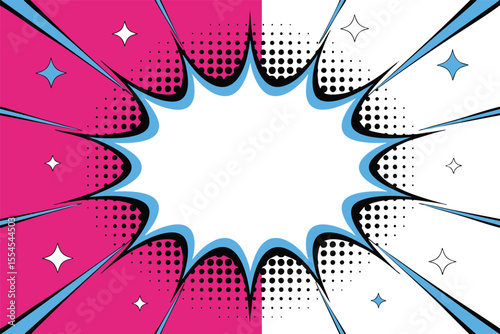 Dynamic Comic Book Style Background Vector Illustration A Bursting Explosion with Halftone Effects and Star Accents in Pink, Black, and Blue Colors