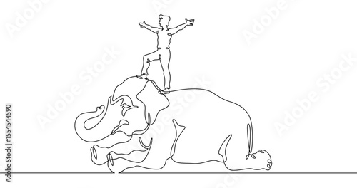 Continuous one line drawing аnimal trainer. Circus elephant. Trained circus animal. Circus performance.One continuous line isolated minimal illustration.Not AI.