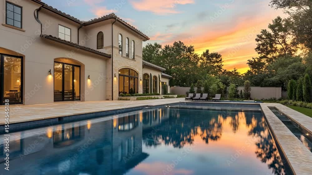 luxury home exterior with infinity pool reflecting sunset pastel sky landscaped garden ambient outdoor lighting highlighting textures and shadows