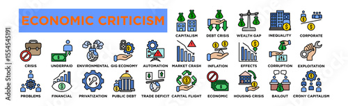 economic criticism icon set. Editable Stroke Icon Collection. Capitalism Breakdown, Debt Crisis, Wealth Gap, Economic Inequality, Corporate Greed, Market Crash, Inflation Woes, Recession Effects, Bank