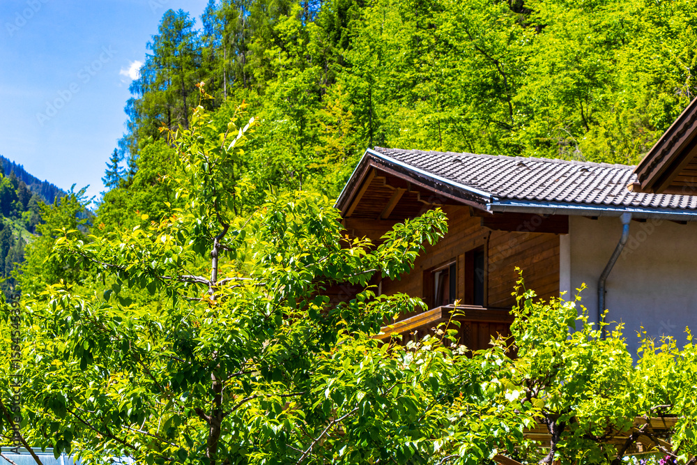 Austria Nesselgarten village house hut street and alpine mountain landscape. Austria Nesselgarten village house hut street and alpine mountain landscape.