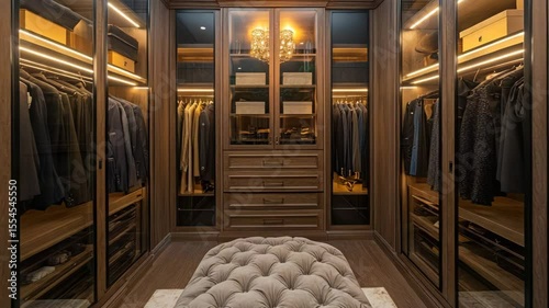 Luxury walk-in closet with built-in shelving, glass wardrobe doors, ambient lighting, and a tufted ottoman in center