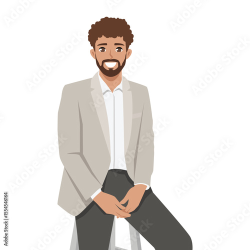 Cheerful young man in a beige blazer and dark pants, sitting casually on a stool. Flat Vector character illustration
