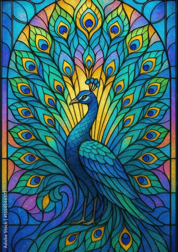 Fototapeta premium Vibrant peacock stained glass illustration.