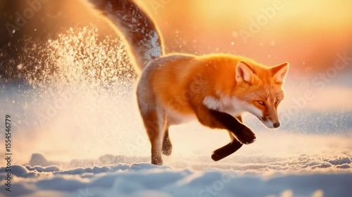 A fox runs through the snow covered ground with a background of bright sunlight and snow particles video