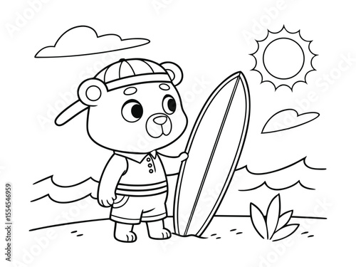 summer coloring page in A4 size, a cute cartoon animal holding a surfboard. 
